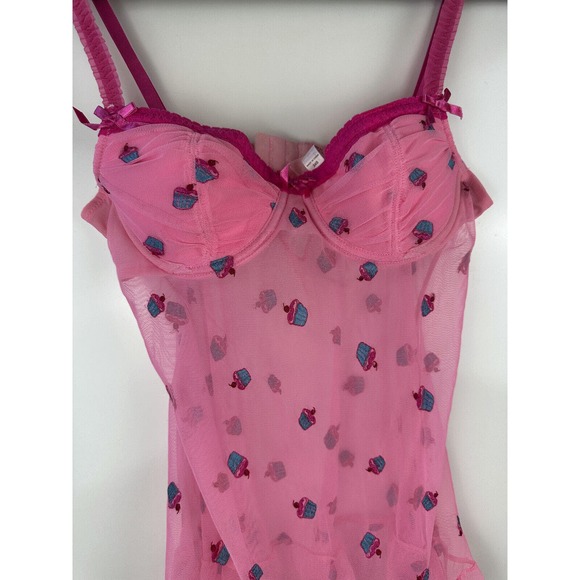 Victoria’s Secret Lingerie Chemise Pink Cupcakes Sheer Babydoll 34B Valentine - Picture 9 of 12
